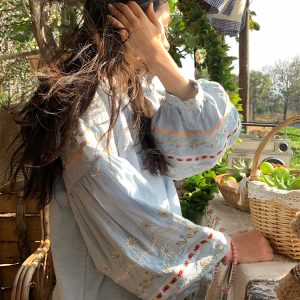 Retro Linen Cotton Long Sleeve Shirt for Women - Honey Daisy Embroidered Lantern Sleeve Top - Spring Vintage Floral Style