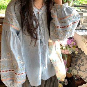 Retro Linen Cotton Long Sleeve Shirt for Women - Honey Daisy Embroidered Lantern Sleeve Top - Spring Vintage Floral Style