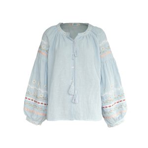 Retro Linen Cotton Long Sleeve Shirt for Women - Honey Daisy Embroidered Lantern Sleeve Top - Spring Vintage Floral Style