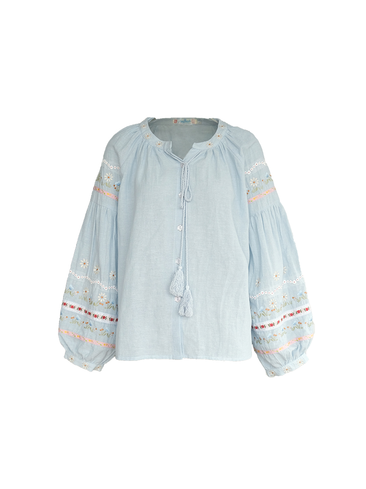 Retro Linen Cotton Long Sleeve Shirt for Women - Honey Daisy Embroidered Lantern Sleeve Top - Spring Vintage Floral Style Retro Linen Cotton Long Sleeve Shirt for Women - Honey Daisy Embroidered Lantern Sleeve Top - Spring Vintage Floral Style