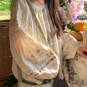 Retro Linen Cotton Long Sleeve Shirt for Women - Honey Daisy Embroidered Lantern Sleeve Top - Spring Vintage Floral Style