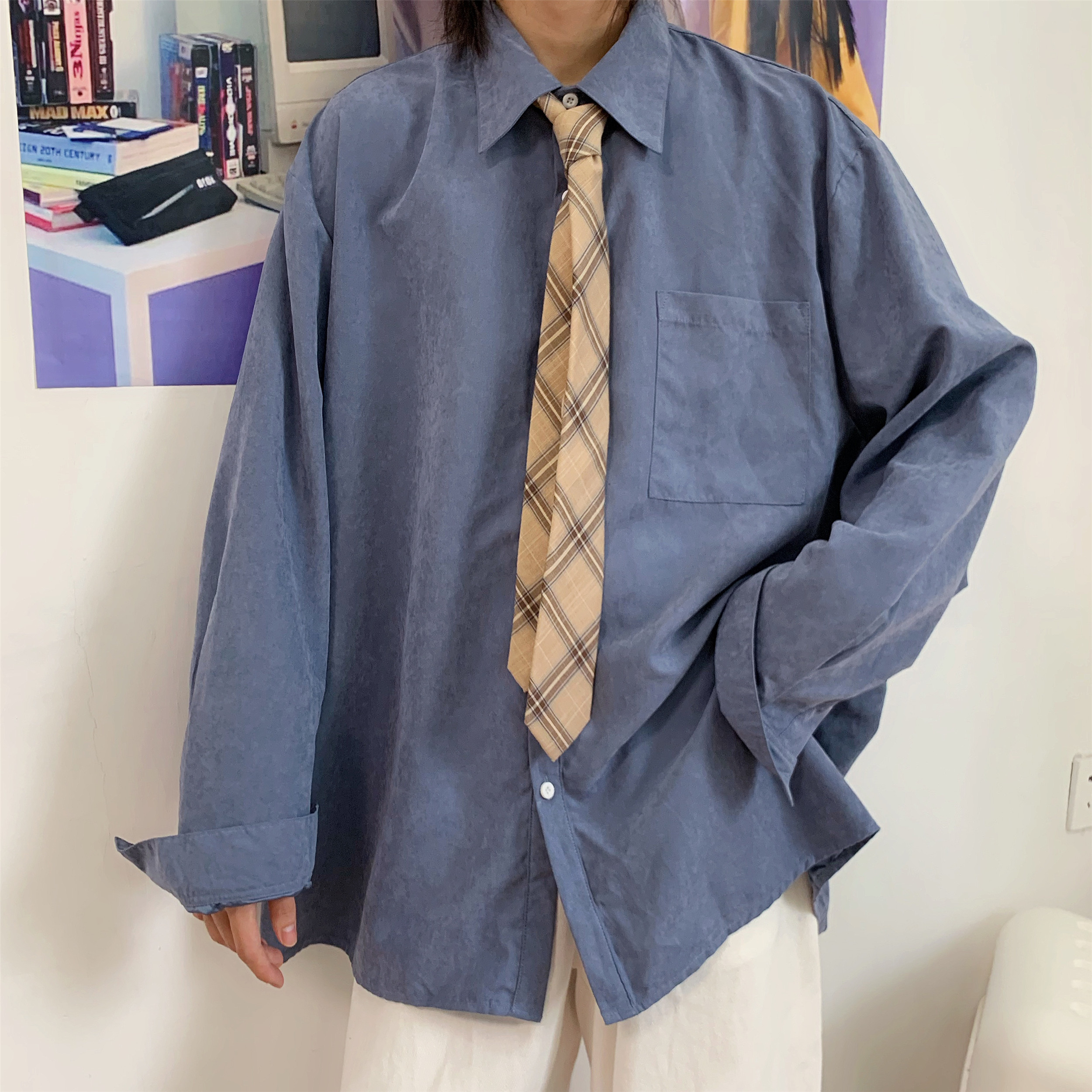 Retro Long Sleeve Shirt for Couples - Oversized Hong Kong Style Casual Top for Spring & Autumn, Korean Fashion Inspired Retro Long Sleeve Shirt for Couples - Oversized Hong Kong Style Casual Top for Spring & Autumn, Korean Fashion Inspired