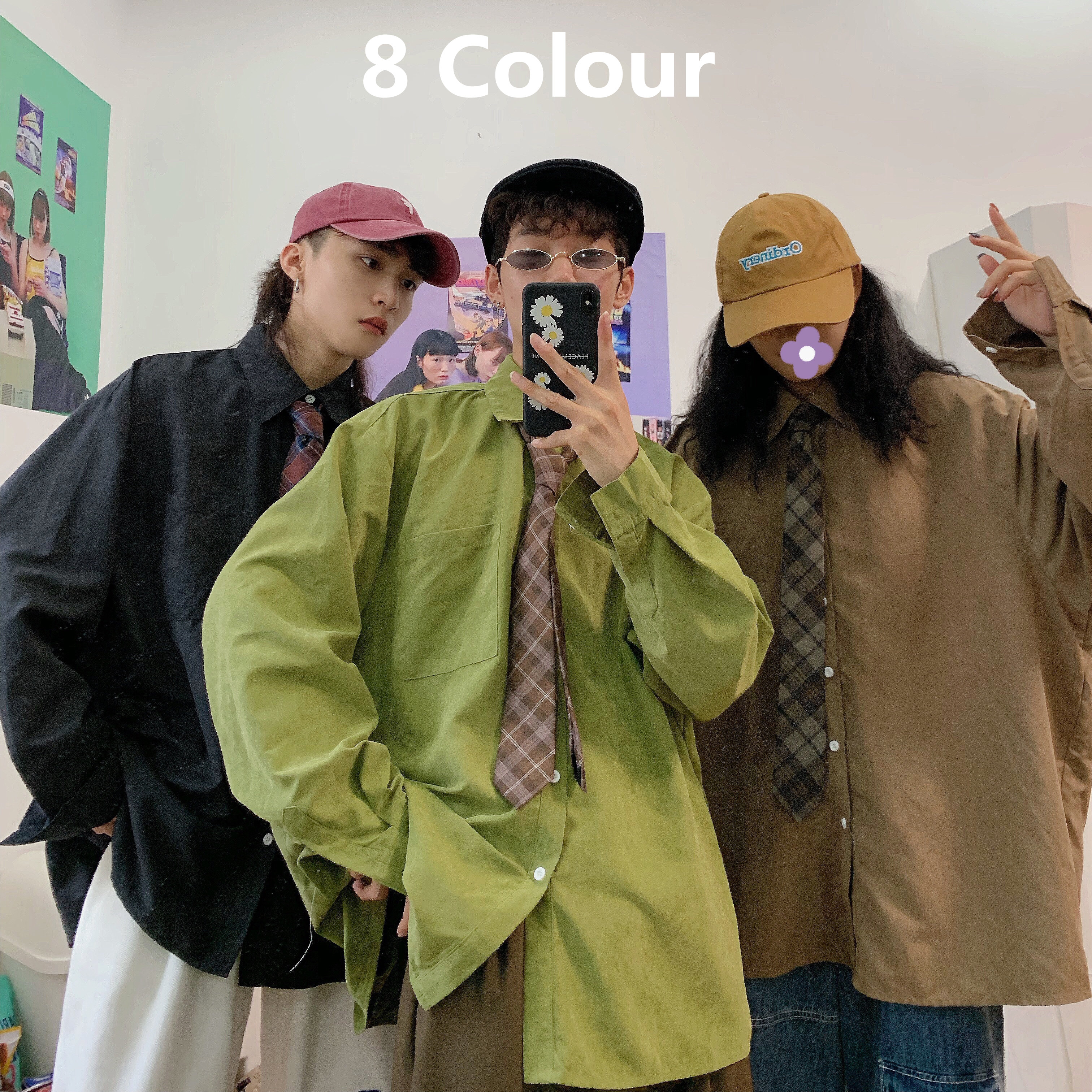 Retro Long Sleeve Shirt for Couples - Oversized Hong Kong Style Casual Top for Spring & Autumn, Korean Fashion Inspired Retro Long Sleeve Shirt for Couples - Oversized Hong Kong Style Casual Top for Spring & Autumn, Korean Fashion Inspired