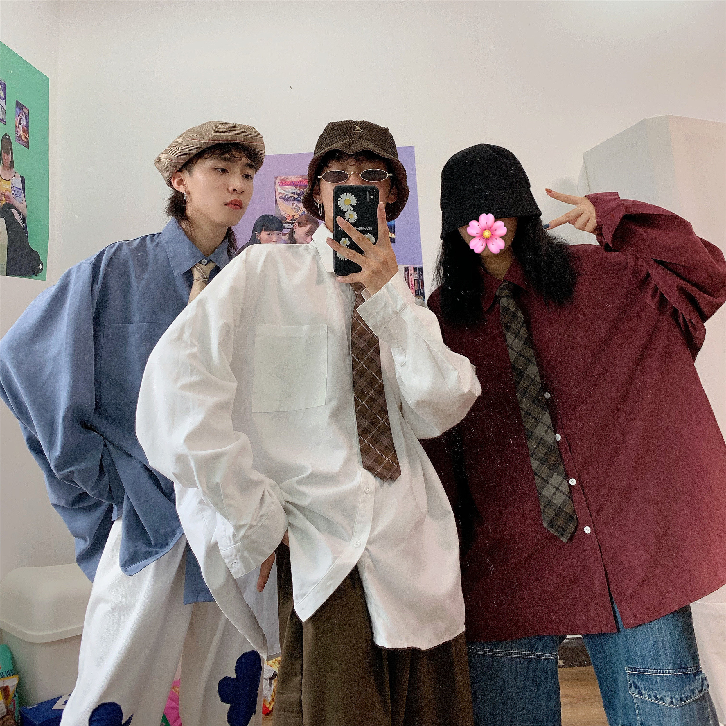 Retro Long Sleeve Shirt for Couples - Oversized Hong Kong Style Casual Top for Spring & Autumn, Korean Fashion Inspired Retro Long Sleeve Shirt for Couples - Oversized Hong Kong Style Casual Top for Spring & Autumn, Korean Fashion Inspired