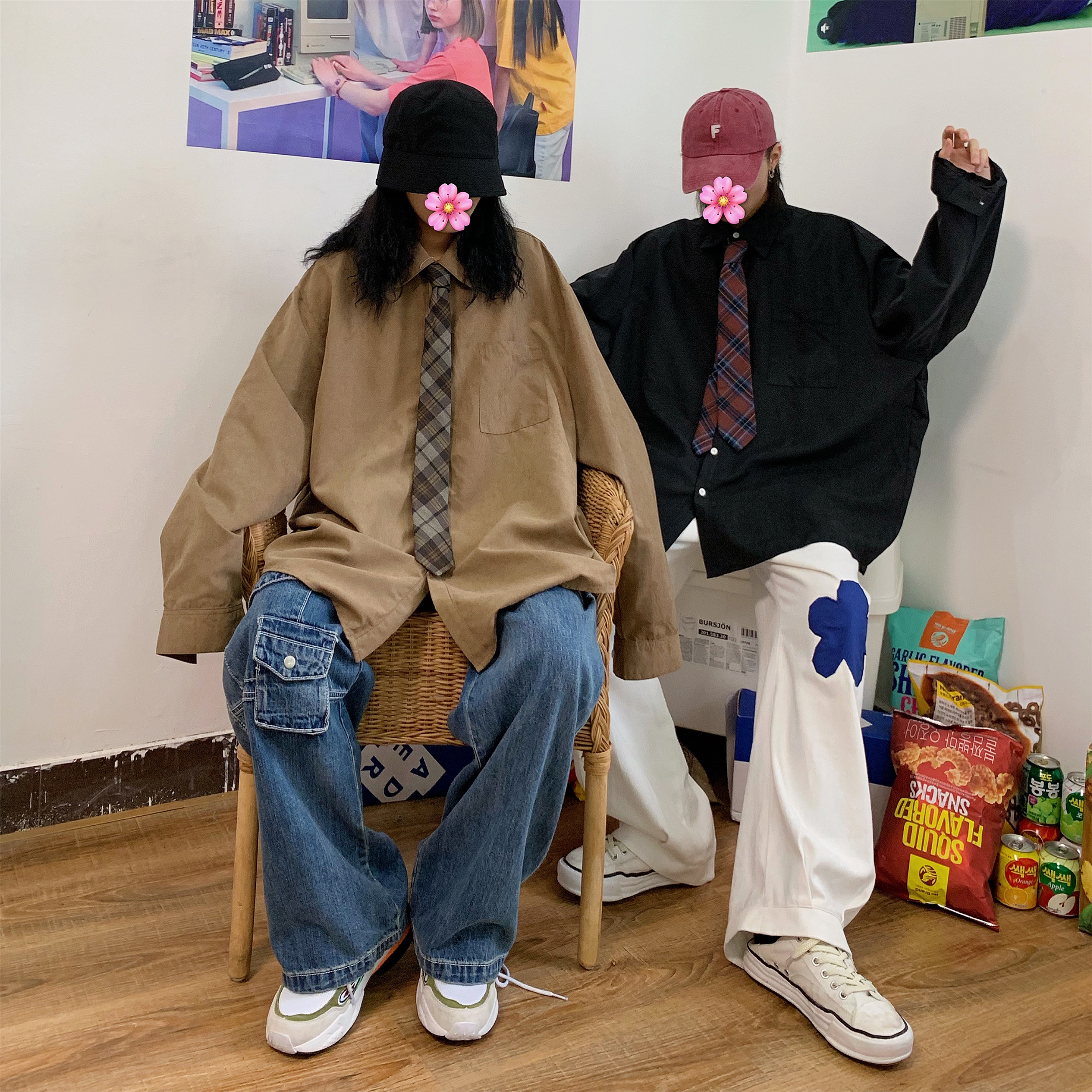 Retro Long Sleeve Shirt for Couples - Oversized Hong Kong Style Casual Top for Spring & Autumn, Korean Fashion Inspired Retro Long Sleeve Shirt for Couples - Oversized Hong Kong Style Casual Top for Spring & Autumn, Korean Fashion Inspired