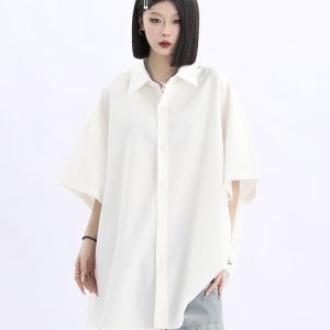 Retro Loose Draped Solid Color Short Sleeve Shirt for Women - Versatile American Style Couple Top