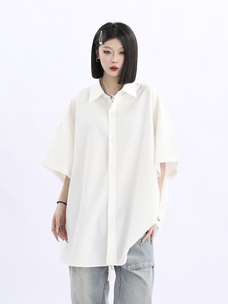 Retro Loose Draped Solid Color Short Sleeve Shirt for Women - Versatile American Style Couple Top Retro Loose Draped Solid Color Short Sleeve Shirt for Women - Versatile American Style Couple Top