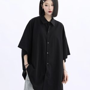 Retro Loose Draped Solid Color Short Sleeve Shirt for Women - Versatile American Style Couple Top