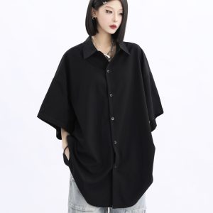 Retro Loose Draped Solid Color Short Sleeve Shirt for Women - Versatile American Style Couple Top