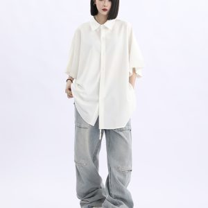 Retro Loose Draped Solid Color Short Sleeve Shirt for Women - Versatile American Style Couple Top