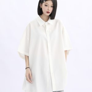 Retro Loose Draped Solid Color Short Sleeve Shirt for Women - Versatile American Style Couple Top