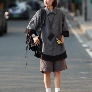 Retro Loose Short-Sleeve Men's Plaid Shirt - Two-Piece Splicing Japanese Style Summer Fashion