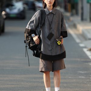 Retro Loose Short-Sleeve Men's Plaid Shirt - Two-Piece Splicing Japanese Style Summer Fashion