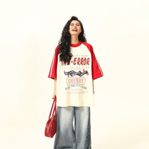 Retro Melange Spliced Short Sleeve T-Shirt for Couples - Unisex Letter Print Tee in 90s American Style