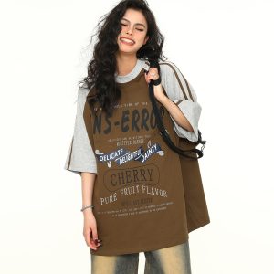 Retro Melange Spliced Short Sleeve T-Shirt for Couples - Unisex Letter Print Tee in 90s American Style