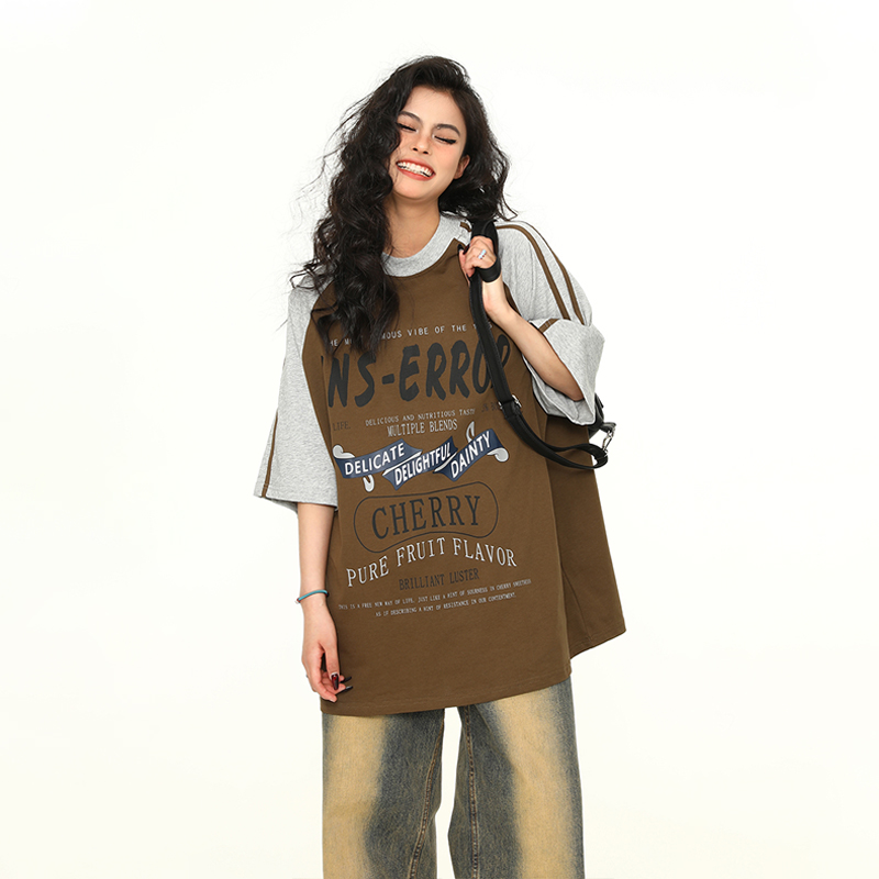 Retro Melange Spliced Short Sleeve T-Shirt for Couples - Unisex Letter Print Tee in 90s American Style Retro Melange Spliced Short Sleeve T-Shirt for Couples - Unisex Letter Print Tee in 90s American Style