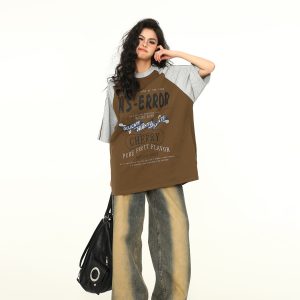 Retro Melange Spliced Short Sleeve T-Shirt for Couples - Unisex Letter Print Tee in 90s American Style