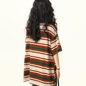 Retro Melard Striped Oversized Short Sleeve Summer T-Shirt for Women - Trendy American Style