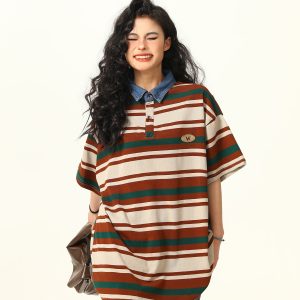 Retro Melard Striped Oversized Short Sleeve Summer T-Shirt for Women - Trendy American Style