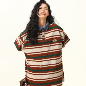 Retro Melard Striped Oversized Short Sleeve Summer T-Shirt for Women - Trendy American Style
