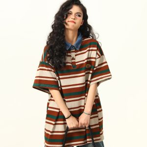 Retro Melard Striped Oversized Short Sleeve Summer T-Shirt for Women - Trendy American Style