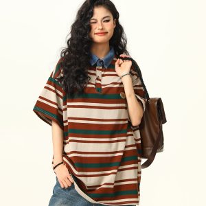 Retro Melard Striped Oversized Short Sleeve Summer T-Shirt for Women - Trendy American Style