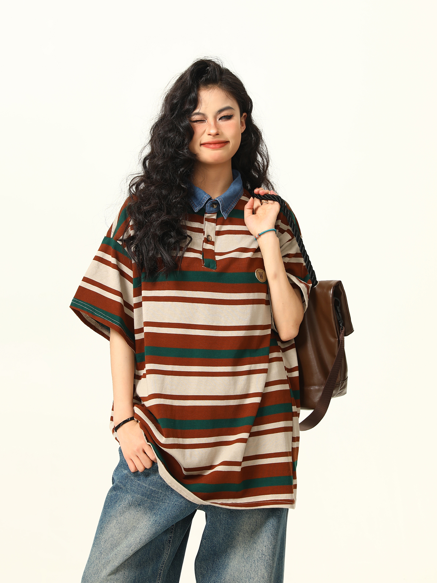 Retro Melard Striped Oversized Short Sleeve Summer T-Shirt for Women - Trendy American Style Retro Melard Striped Oversized Short Sleeve Summer T-Shirt for Women - Trendy American Style