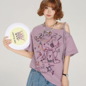 Retro Off-Shoulder Short Sleeve T-Shirt for Women - Summer Graffiti Print with Tie Design, Loose Fit, Y2K Style