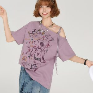 Retro Off-Shoulder Short Sleeve T-Shirt for Women - Summer Graffiti Print with Tie Design, Loose Fit, Y2K Style
