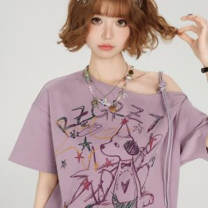 Retro Off-Shoulder Short Sleeve T-Shirt for Women - Summer Graffiti Print with Tie Design, Loose Fit, Y2K Style