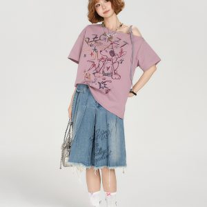 Retro Off-Shoulder Short Sleeve T-Shirt for Women - Summer Graffiti Print with Tie Design, Loose Fit, Y2K Style