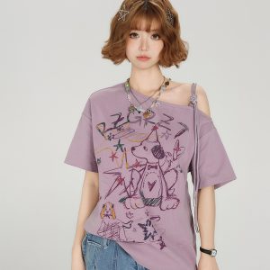 Retro Off-Shoulder Short Sleeve T-Shirt for Women - Summer Graffiti Print with Tie Design, Loose Fit, Y2K Style