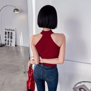 Retro Off-Shoulder Slim Knit Vest Top - Summer Half High Neck Fashion for Y2K Style