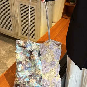 Retro Oil Painting Lace Canvas Tote Bag - 2025 Large Capacity Shoulder Bag for Commuters and Everyday Use