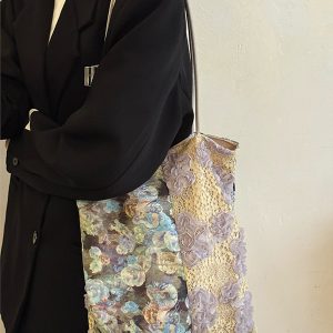 Retro Oil Painting Lace Canvas Tote Bag - 2025 Large Capacity Shoulder Bag for Commuters and Everyday Use