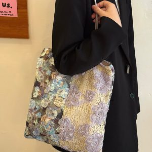 Retro Oil Painting Lace Canvas Tote Bag - 2025 Large Capacity Shoulder Bag for Commuters and Everyday Use