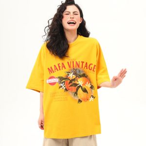 Retro Orange Print Short Sleeve T-Shirt for Women | Summer Vibe Ginger Yellow Tee | Y2K Fashion Top