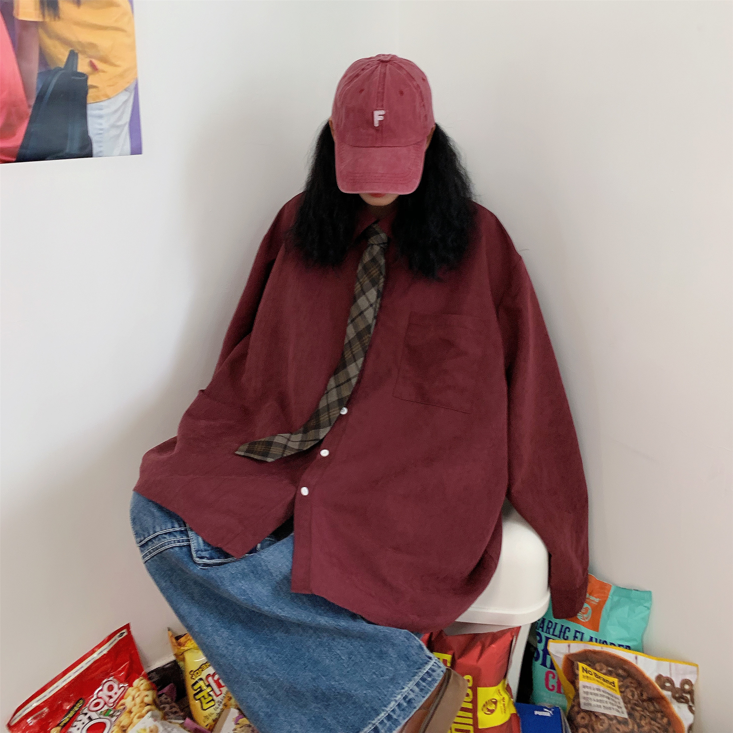 Retro Oversized Long Sleeve Shirt for Couples - Handmade Casual Korean Style Top for Spring and Autumn Retro Oversized Long Sleeve Shirt for Couples - Handmade Casual Korean Style Top for Spring and Autumn