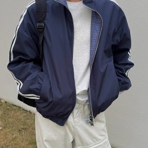 Retro Patchwork Reversible Jacket for Men and Women - Casual Three-Stripe Plaid Layering for Spring & Autumn Commuting