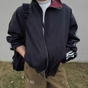 Retro Patchwork Reversible Jacket for Men and Women - Casual Three-Stripe Plaid Layering for Spring & Autumn Commuting