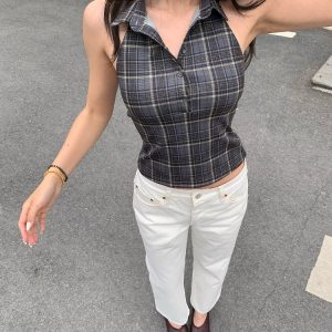 Retro Plaid Halter Polo - 5-Second Outfit Emergency Kit, Slimming Design for Effortless Style, Perfect for Y2K Fashion Lovers