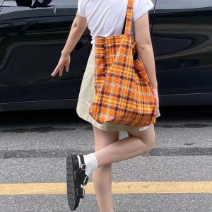 Retro Plaid Orange Tote Bag - Large Capacity Checkered Canvas Commuter Shoulder Bag for Stylish Shopping