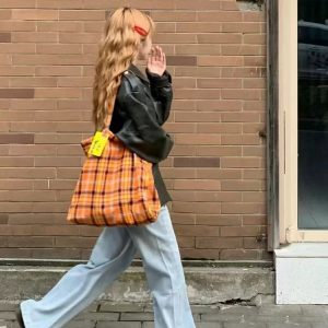 Retro Plaid Orange Tote Bag - Versatile High-Capacity Canvas Commuting Underarm Bag for Everyday Style