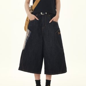 Retro Plaid Patchwork Cargo Cropped Denim Pants for Women - Loose Wide-Leg Black Jeans in 90s American Style