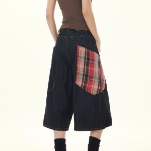 Retro Plaid Patchwork Cargo Cropped Denim Pants for Women - Loose Wide-Leg Black Jeans in 90s American Style