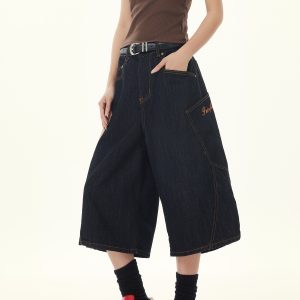 Retro Plaid Patchwork Cargo Cropped Denim Pants for Women - Loose Wide-Leg Black Jeans in 90s American Style