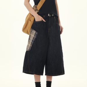 Retro Plaid Patchwork Cargo Cropped Denim Pants for Women - Loose Wide-Leg Black Jeans in 90s American Style