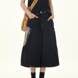 Retro Plaid Patchwork Cargo Cropped Denim Pants for Women - Loose Wide-Leg Black Jeans in 90s American Style