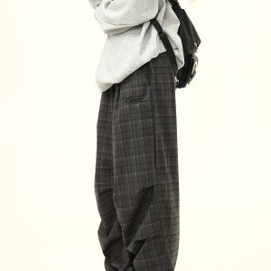 Retro Plaid Pleated Pants for Women - Loose Drape Casual Style, Trendy Versatile Bottoms, 90s Inspired Fashion