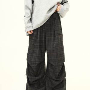 Retro Plaid Pleated Pants for Women - Loose Drape Casual Style, Trendy Versatile Bottoms, 90s Inspired Fashion